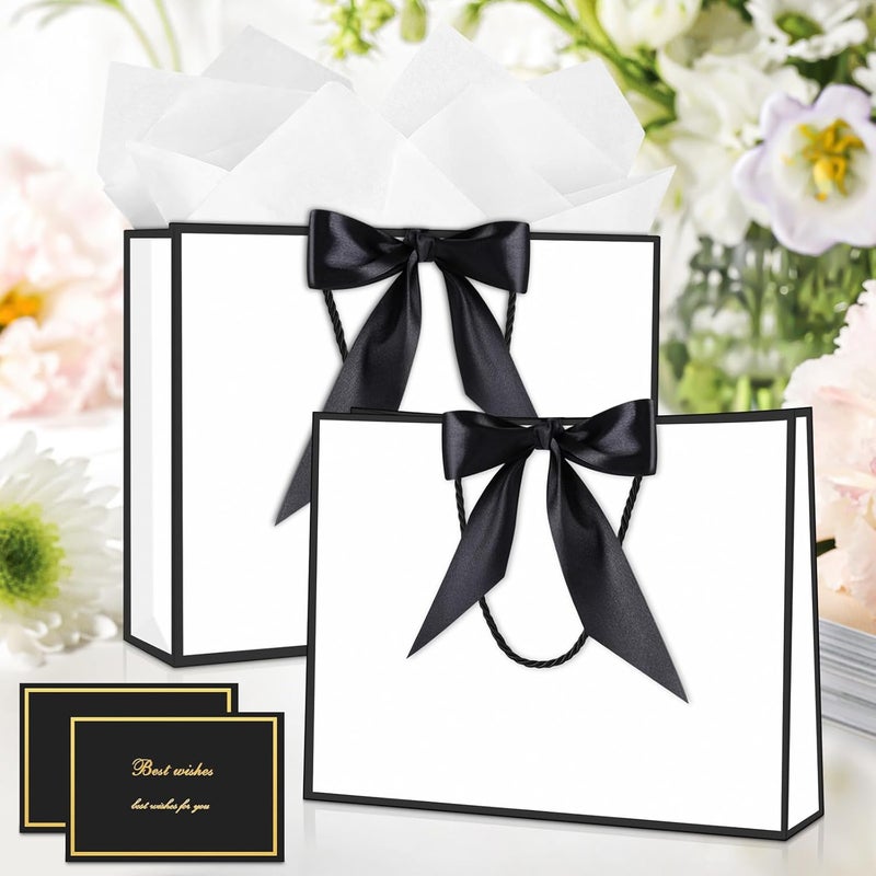 JMANNI Gift Bag, Medium Gift Bags with Tissue Paper, 2Pcs Gift Bags Medium Size with Handle and Bow Ribbon for Any Birthday, Weddings, Mothers Day & Special Occasion 11''x7.87''x4'' (Black-White) - Image 2